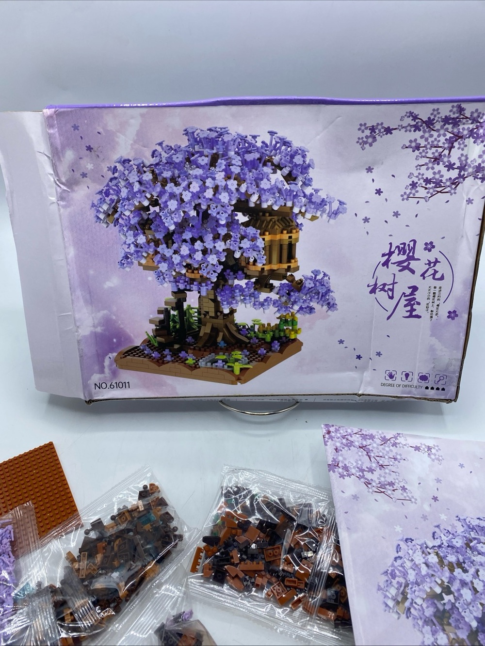 Purple Cherry Blossom Tree House Building Blocks Miniature Brick Set Japanese